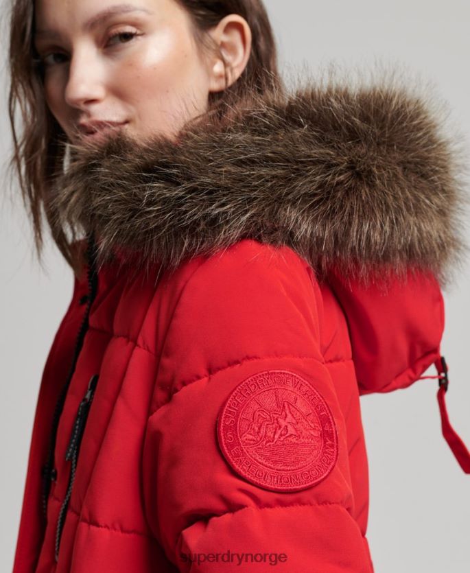 Superdry rød klær 86P46D3810 langlinjet imitert pels everest-frakk kvinner