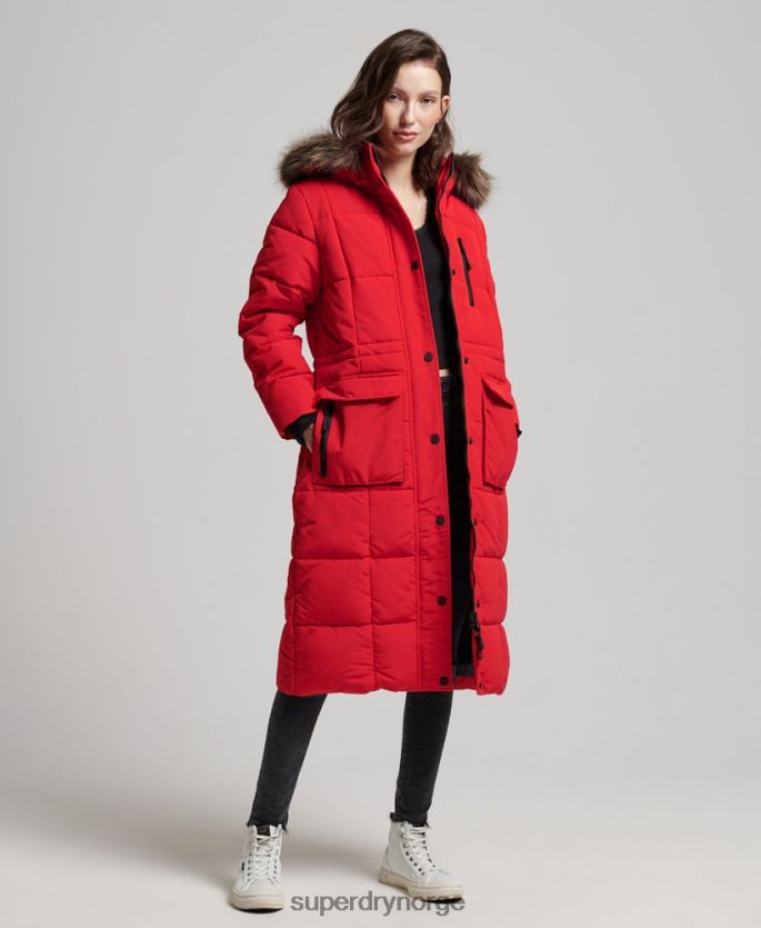 Superdry rød klær 86P46D3810 langlinjet imitert pels everest-frakk kvinner