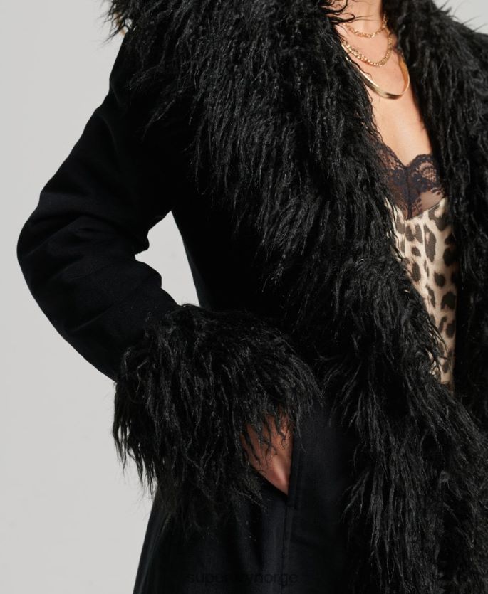 Superdry svart klær 86P46D3820 fuskepelsfôret afghansk langlinefrakk kvinner