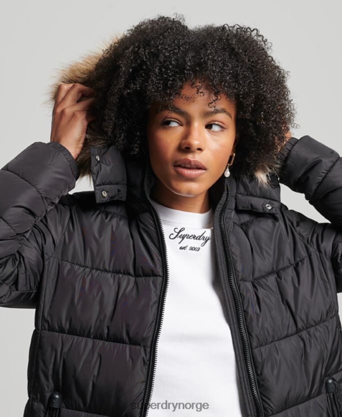 Superdry svart klær 86P46D5509 Fuji langlinefrakk med fjellhette kvinner