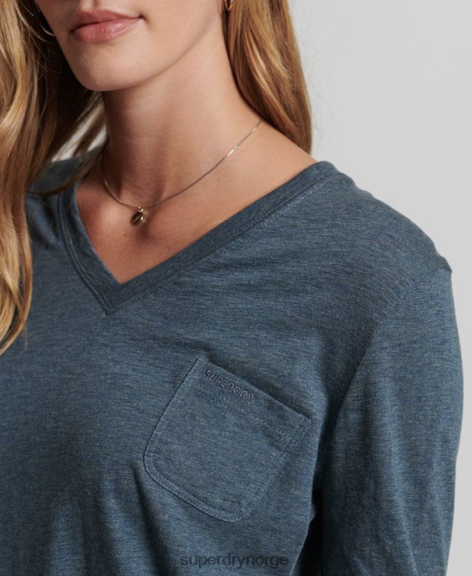 Superdry blå klær 86P46D6645 organisk bomull med lange armer med v-hals kvinner