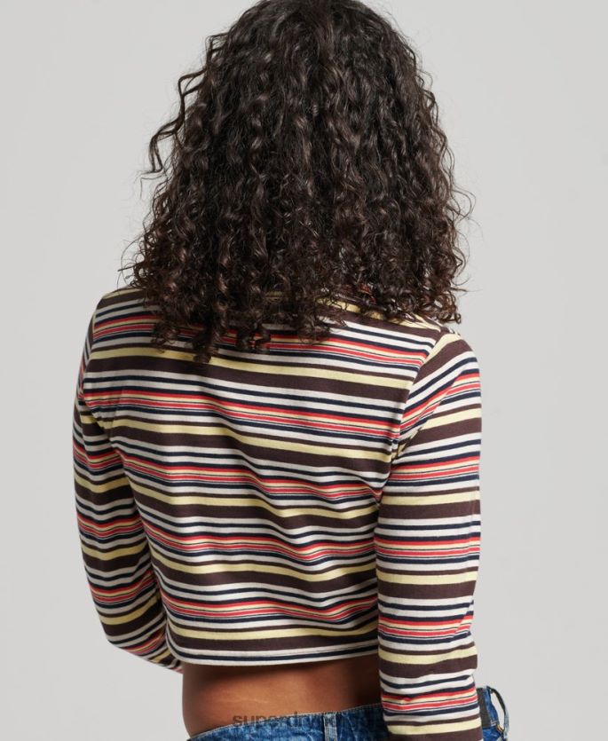 Superdry brun klær 86P46D2948 organisk bomull vintage stripe crop langermet topp kvinner