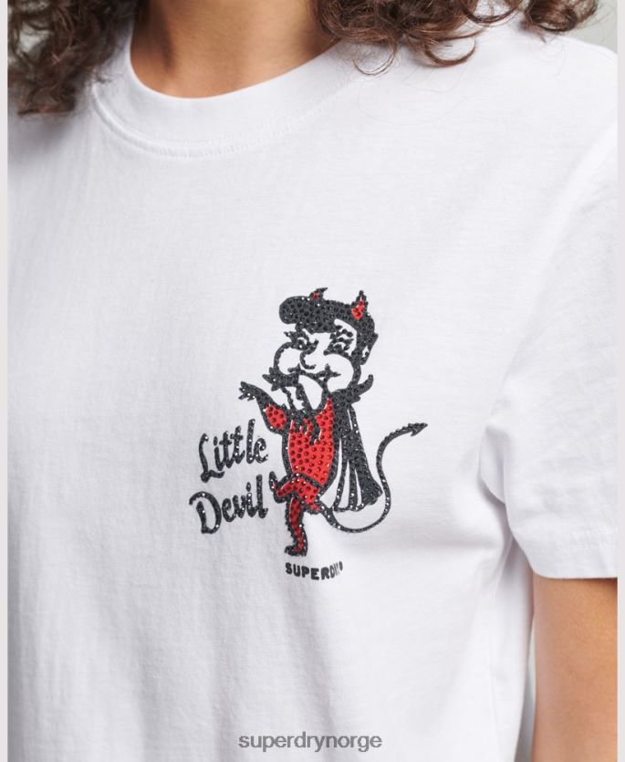 Superdry hvit klær 86P46D2823 vintage kryssende linjer rhinestone t-skjorte kvinner