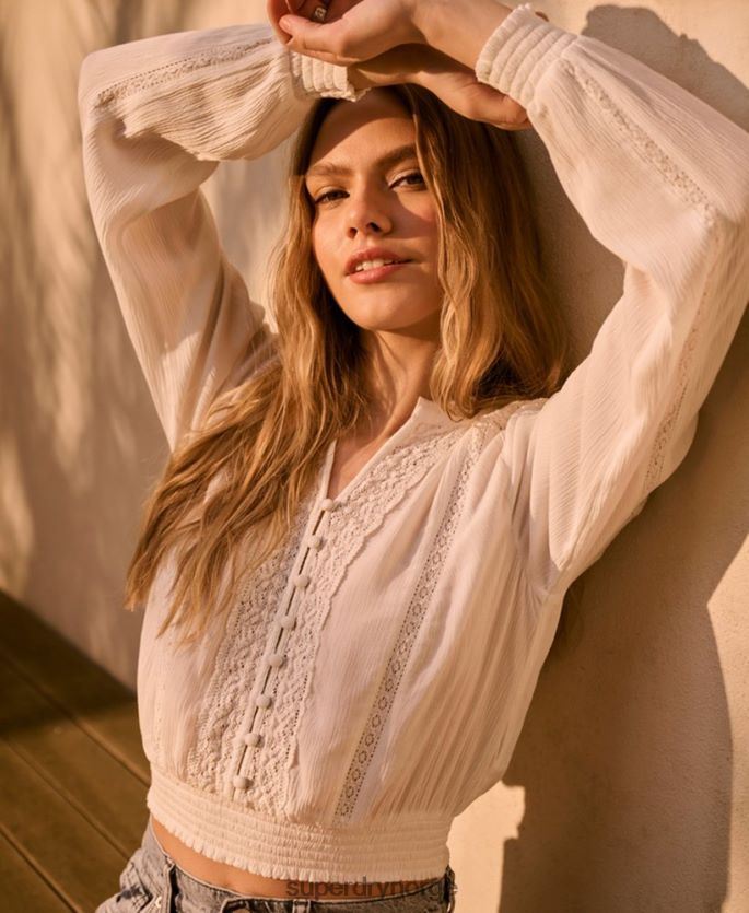 Superdry krem klær 86P46D2270 langermet bluse med blondekant kvinner