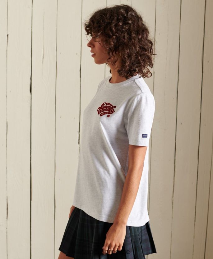Superdry lysegrå klær 86P46D2775 script stil college flocked t-skjorte kvinner