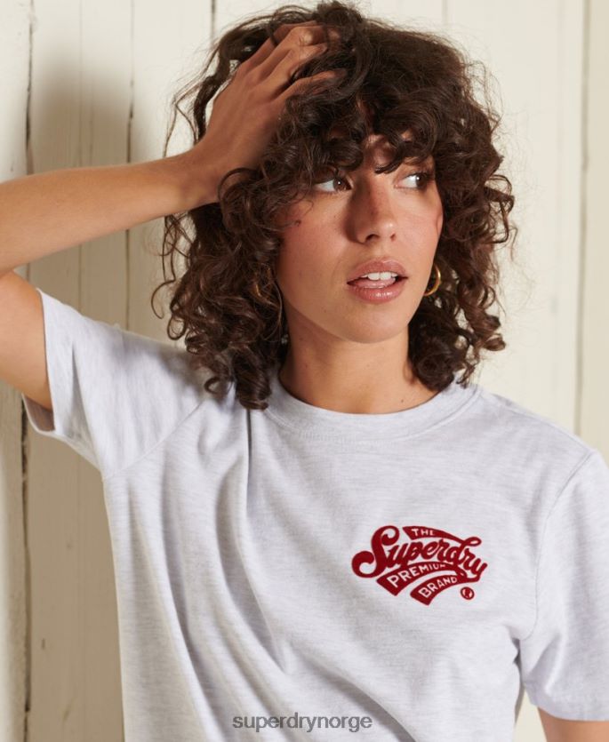 Superdry lysegrå klær 86P46D2775 script stil college flocked t-skjorte kvinner
