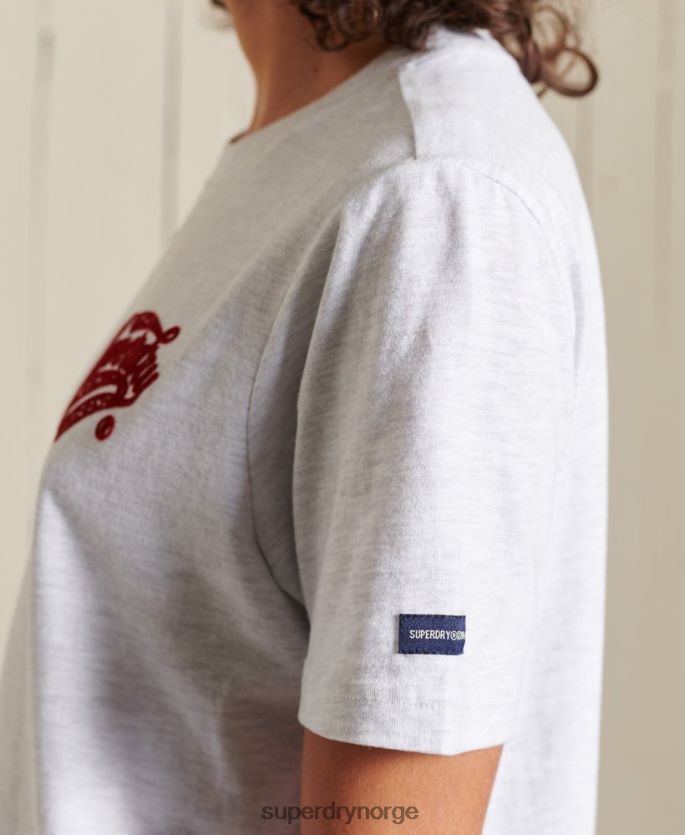Superdry lysegrå klær 86P46D2775 script stil college flocked t-skjorte kvinner