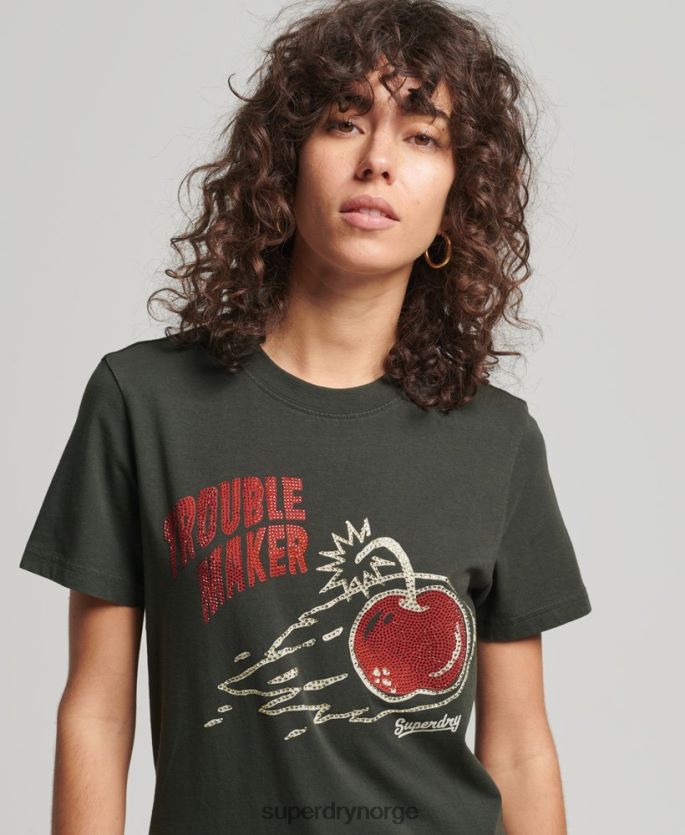 Superdry mørk grå klær 86P46D2786 vintage kryssende linjer rhinestone t-skjorte kvinner