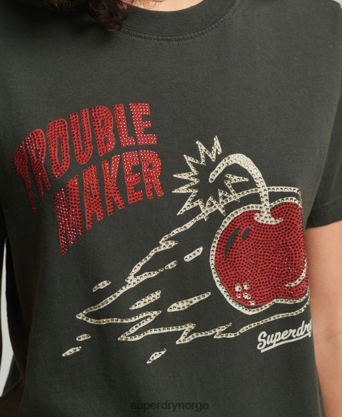 Superdry mørk grå klær 86P46D2786 vintage kryssende linjer rhinestone t-skjorte kvinner