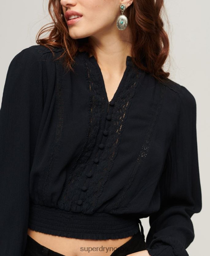 Superdry marinen klær 86P46D2897 langermet bluse med blondekant kvinner