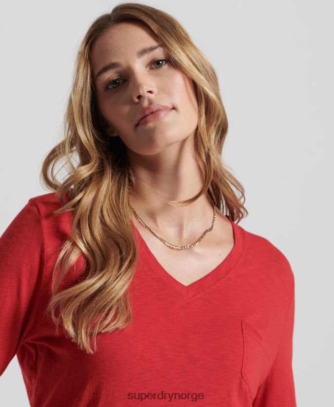 Superdry rød klær 86P46D6660 organisk bomull med lange armer med v-hals kvinner