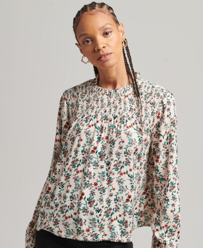 Superdry rosa klær 86P46D3014 smocket langermet vevd topp kvinner