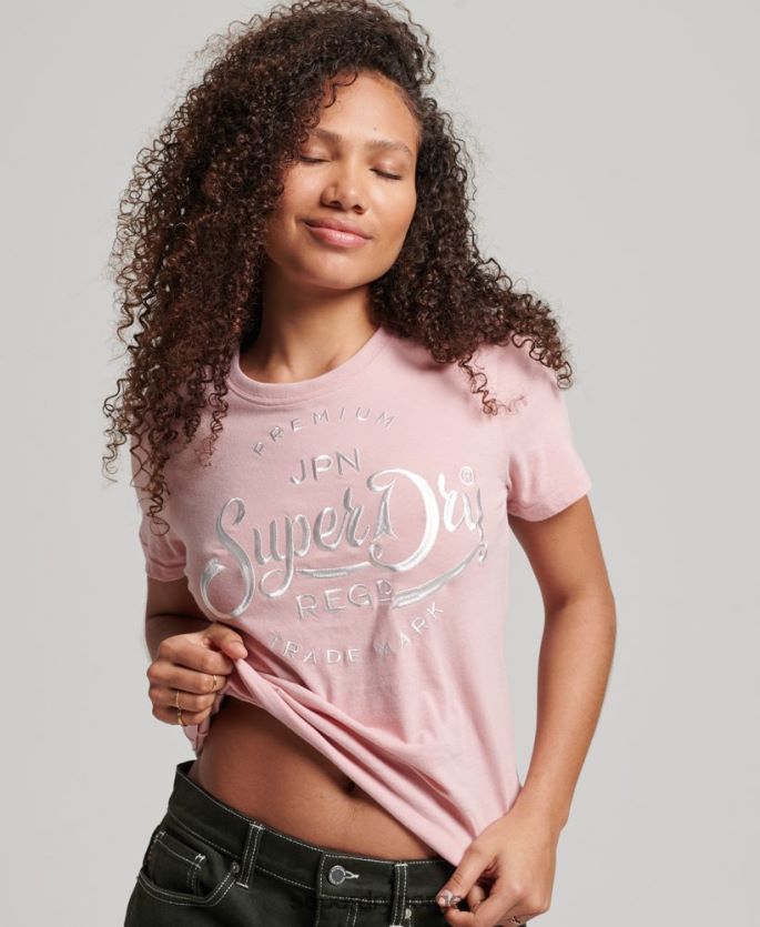 Superdry rosa klær 86P46D6307 premium script brodert t-skjorte kvinner