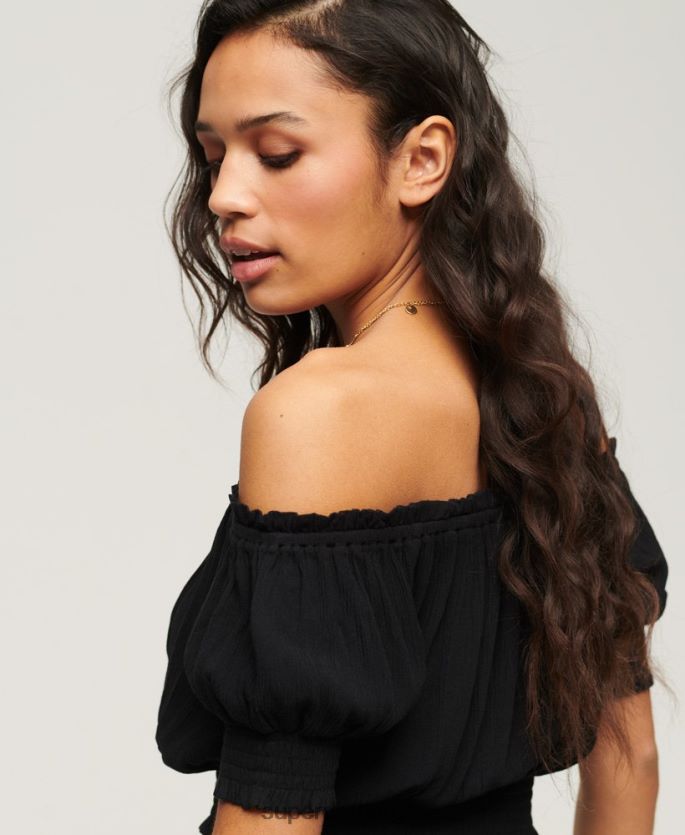 Superdry svart klær 86P46D2870 smocket kortermet crop topp kvinner