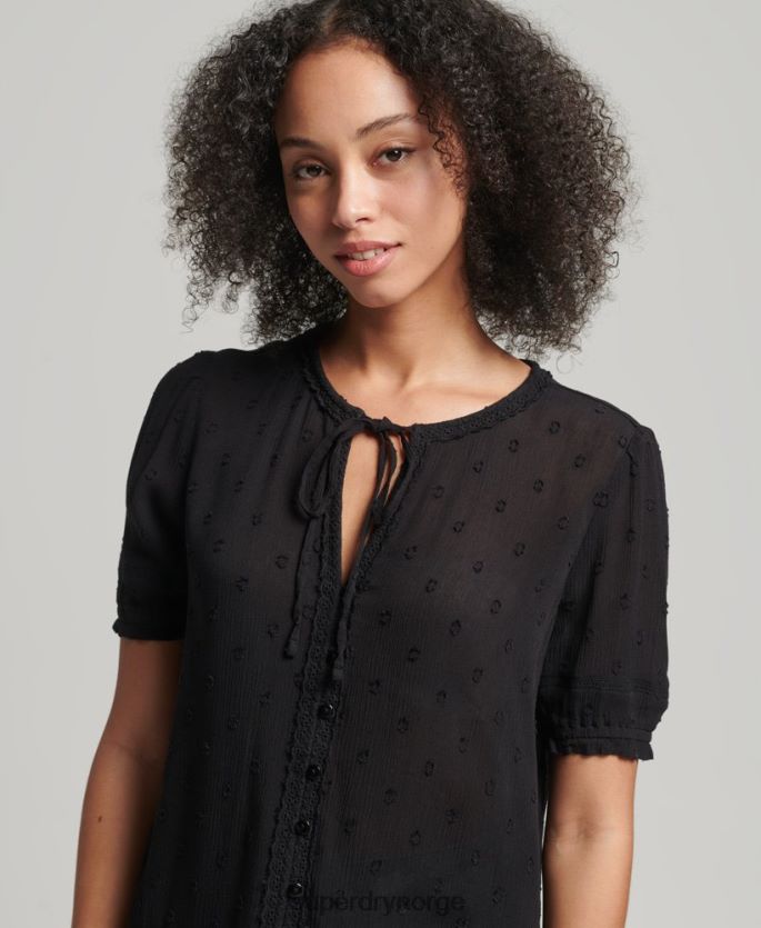 Superdry svart klær 86P46D6696 vintage kortermet broderietopp kvinner