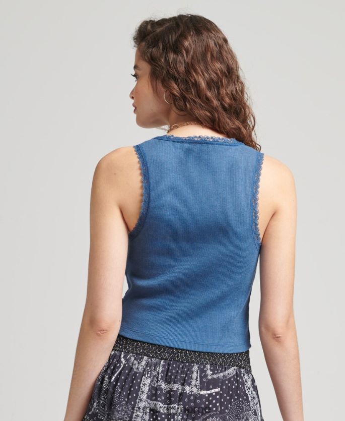 Superdry blå klær 86P46D2353 vintage vest med blonder i økologisk bomull kvinner