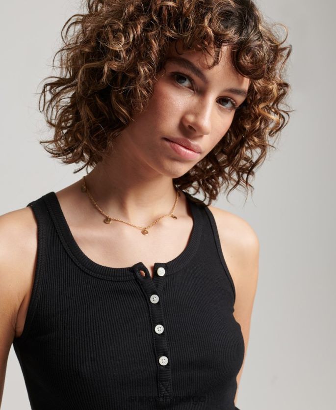 Superdry svart klær 86P46D2919 button down vest topp kvinner