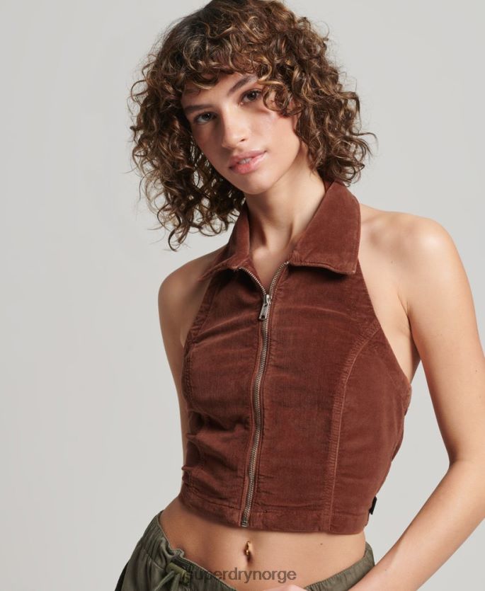 Superdry brun klær 86P46D2092 Topp med glidelås gjennom fløyel med krage kvinner