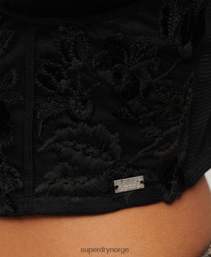 Superdry mørk grå klær 86P46D2039 blomsterbrodert korsetttopp kvinner