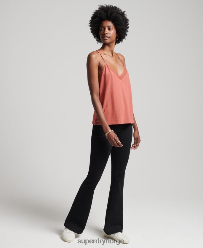 Superdry oransje klær 86P46D3023 cami topp i økologisk bomull med blonder kvinner