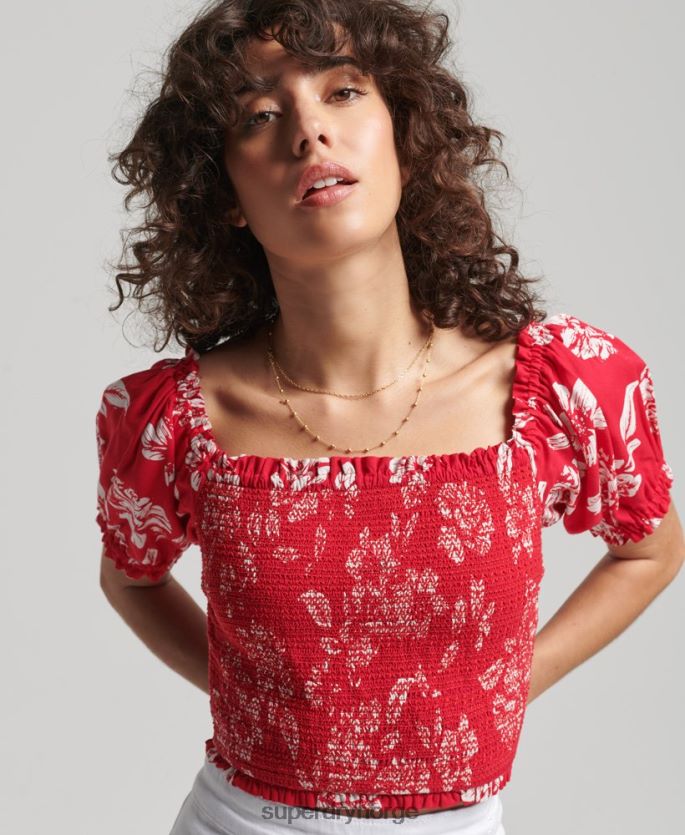 Superdry rød klær 86P46D6706 vintage ecovero smocked crop topp kvinner