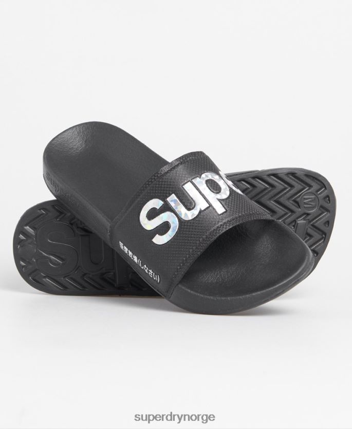 Superdry svart sko 86P46D6780 holografiske infill bassengglidere kvinner