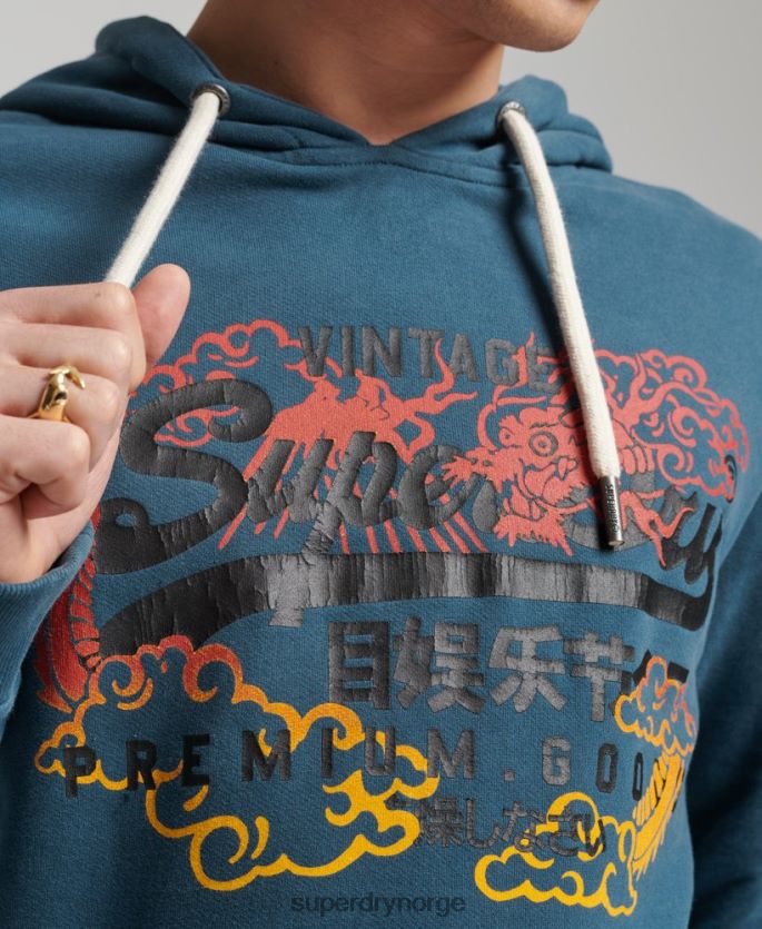 Superdry blå klær 86P46D859 vintage logo ubørstet narrativ hettegenser menn