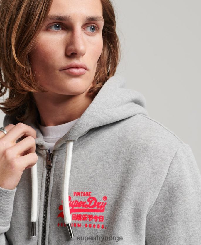 Superdry grå klær 86P46D489 vintage logo neon hettegenser med glidelås menn