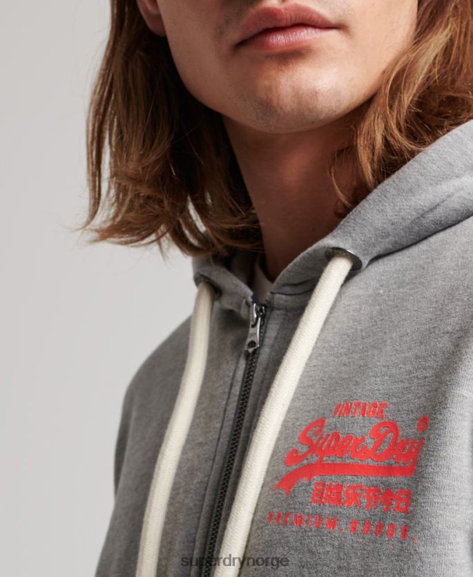 Superdry grå klær 86P46D539 vintage logo ubørstet neon hettegenser med glidelås menn