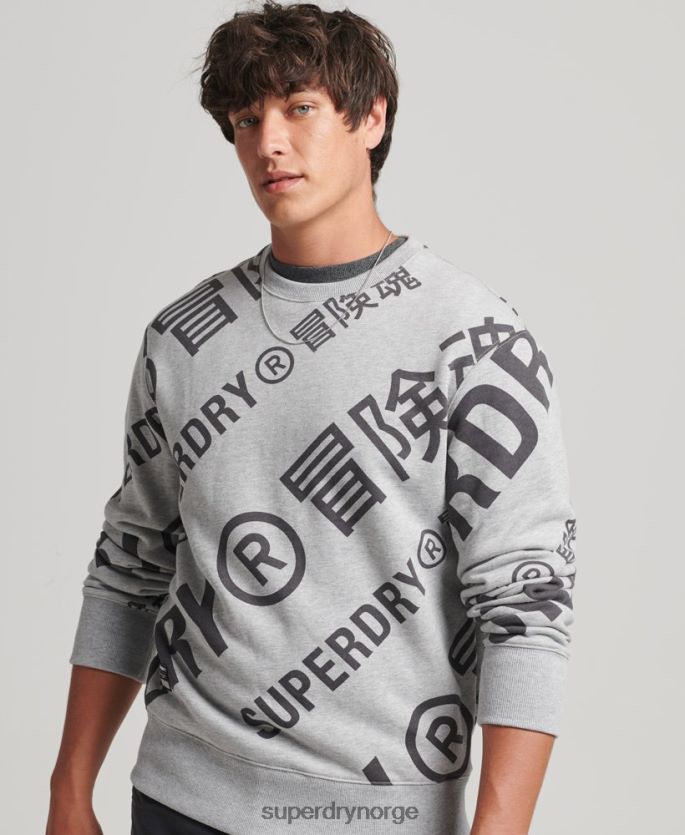 Superdry grå klær 86P46D741 all over print logo løs mannskap sweatshirt menn