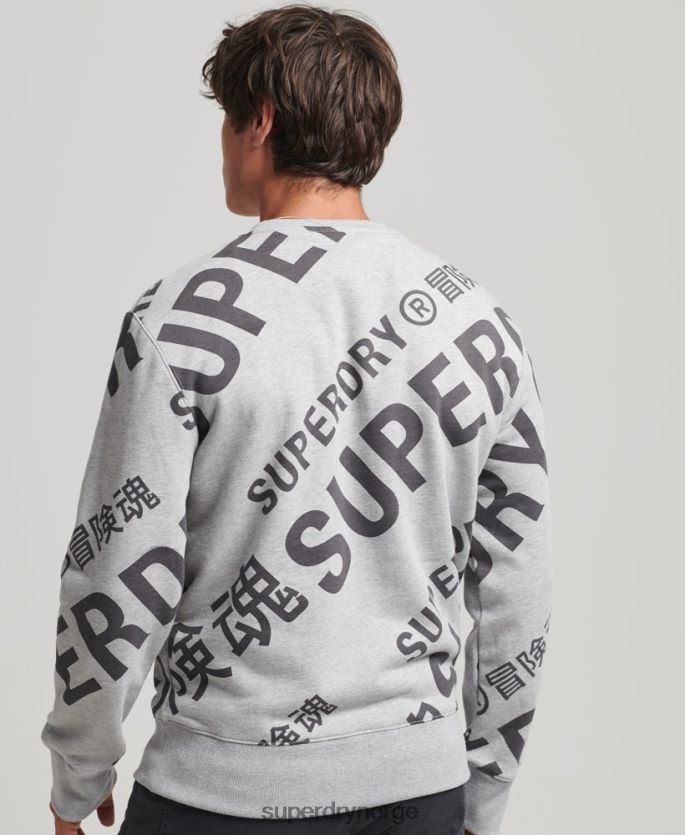 Superdry grå klær 86P46D741 all over print logo løs mannskap sweatshirt menn