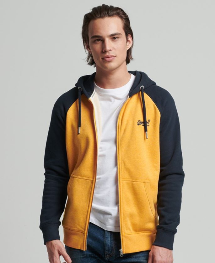 Superdry gul klær 86P46D5174 organisk bomull vintage logo baseball hettegenser med glidelås menn