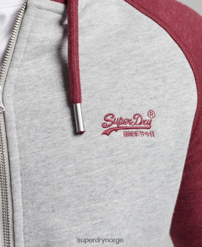 Superdry lysegrå klær 86P46D557 vintage logo brodert baseball hettegenser med glidelås menn