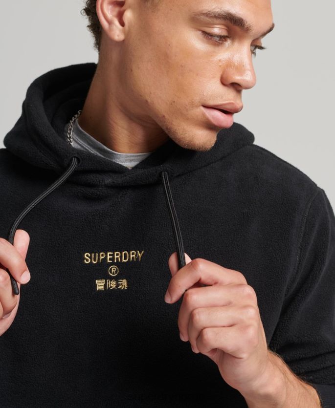 Superdry svart klær 86P46D5031 grafisk logo hettegenser i løs fleece menn