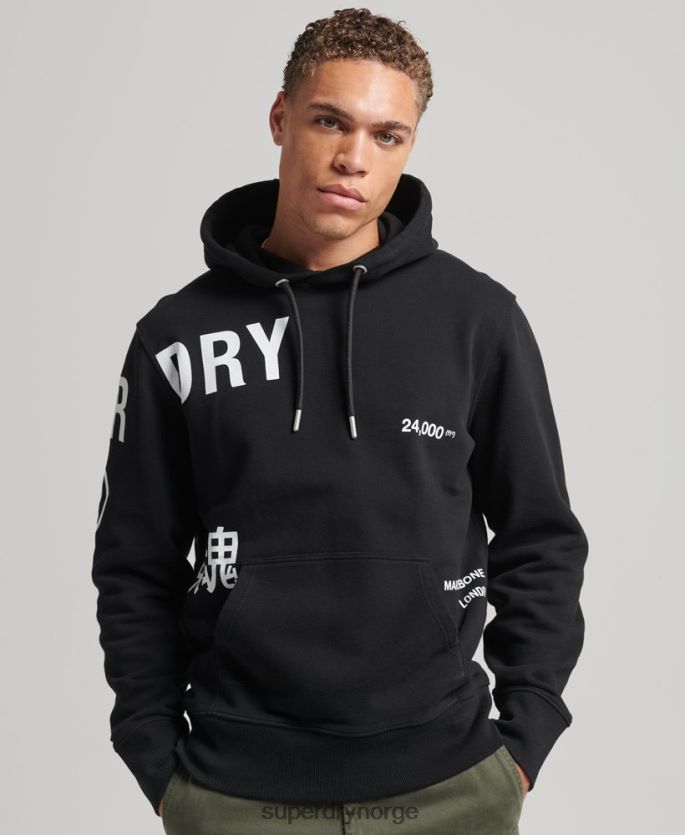 Superdry svart klær 86P46D5084 stablet logotrykk løs hettegenser menn