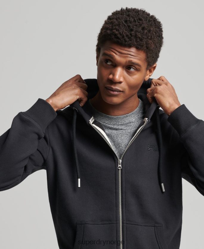 Superdry svart klær 86P46D516 vintage logobrodert hettegenser med glidelås i økologisk bomull menn