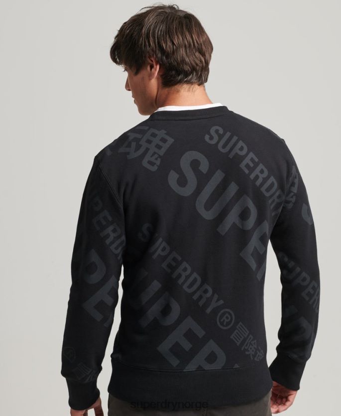 Superdry svart klær 86P46D786 all over print logo løs mannskap sweatshirt menn