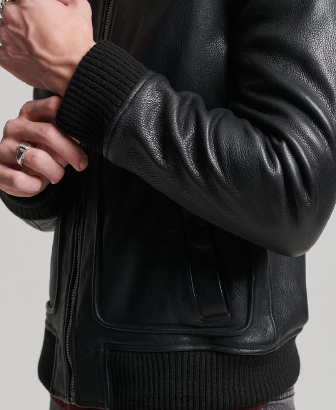 Superdry svart klær 86P46D4782 aviator bomberjakke i skinn menn