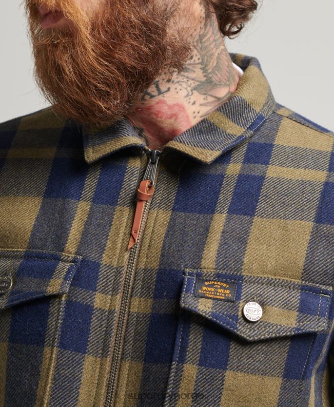 Superdry grønn klær 86P46D186 ullrutet overskjorte med glidelås menn