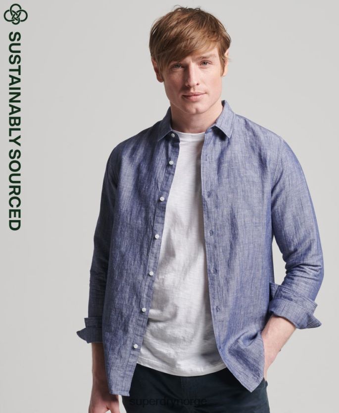 Superdry mørke blå klær 86P46D6398 langermet skjorte i økologisk bomull og lin menn