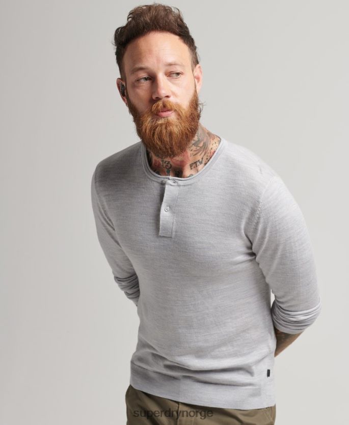 Superdry lysegrå klær 86P46D1521 merino henley strikket topp med rund hals menn