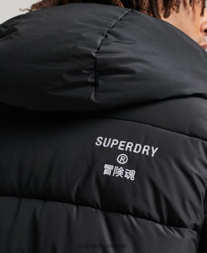Superdry svart klær 86P46D4481 langlinefrakk med hette med logo menn