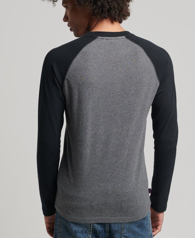 Superdry mørk grå klær 86P46D1505 essensiell langermet baseballtopp i økologisk bomull menn